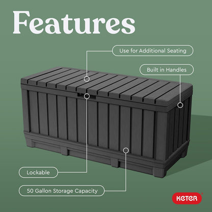 Keter Kentwood 92 Gallon Resin Deck Box-Organization and Storage for Patio Furniture Outdoor Cushions, Throw Pillows, Garden Tools and Pool Floats, Brown