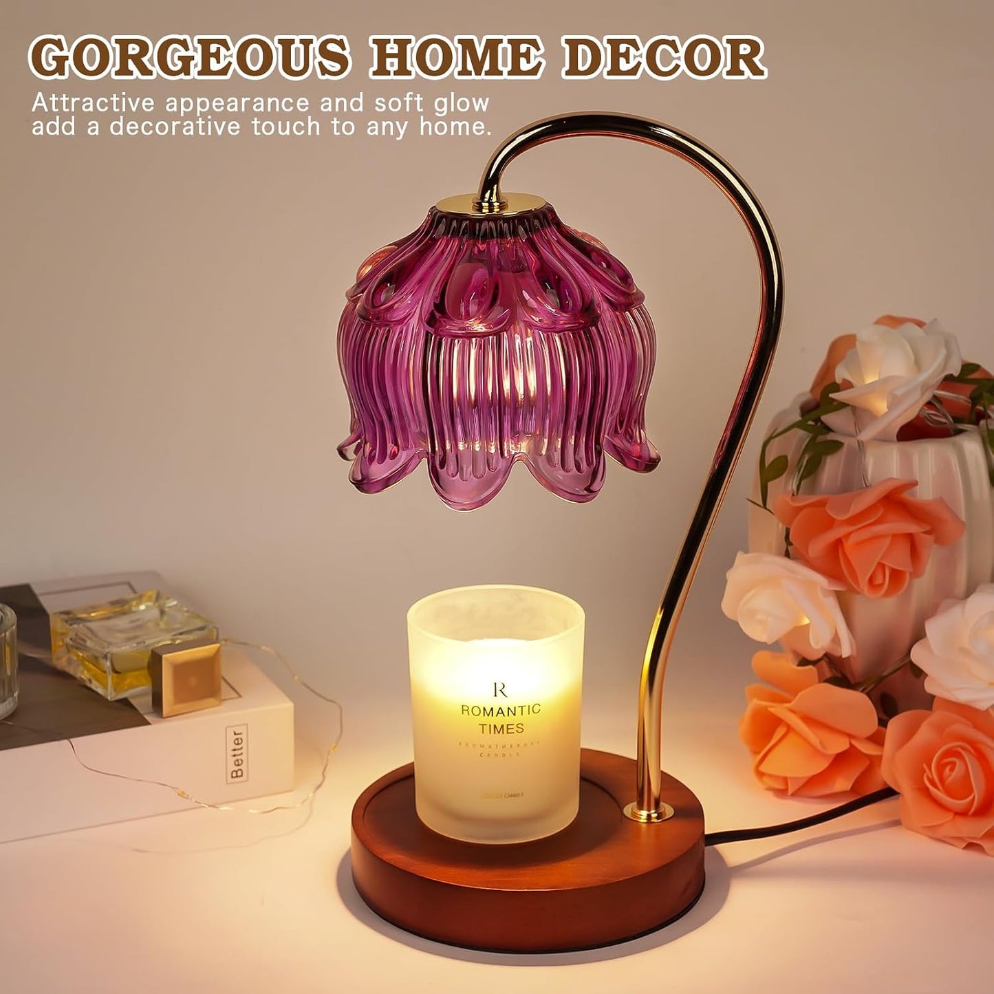 Funistree Flower Candle Warmer Lamp with Timer, Dimmable Candle Lamp Warmer, Christmas Birthday Gifts for Women Mom Her, Housewarming Home Decor, Lotus Wax Warmer for Yankee Candles - Lily Amber