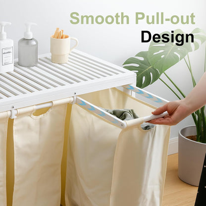 Bamboo Laundry Hamper 3 Section with Lid, 150L Laundry Sorter with Lockable Wheels, Pull-Out Removable Washable Bags, 3 × 12.5 Gal Divided Laundry Baskets for Laundry Room, Bathroom (White)