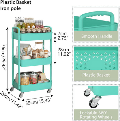 Sywhitta 4-Tier Plastic Rolling Utility Cart with Handle, Multi-Functional Storage Trolley for Office, Living Room, Kitchen, Movable Storage Organizer with Wheels, Black