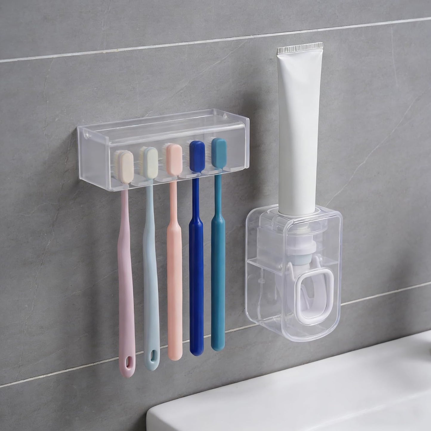 5 Slots Wall Mount Toothbrush Holder with Cover, Self Adhesive Toothbrush Storage Organizer for Shower, Toothbrush Hanger with Automatic Toothpaste Squeezer Dispenser
