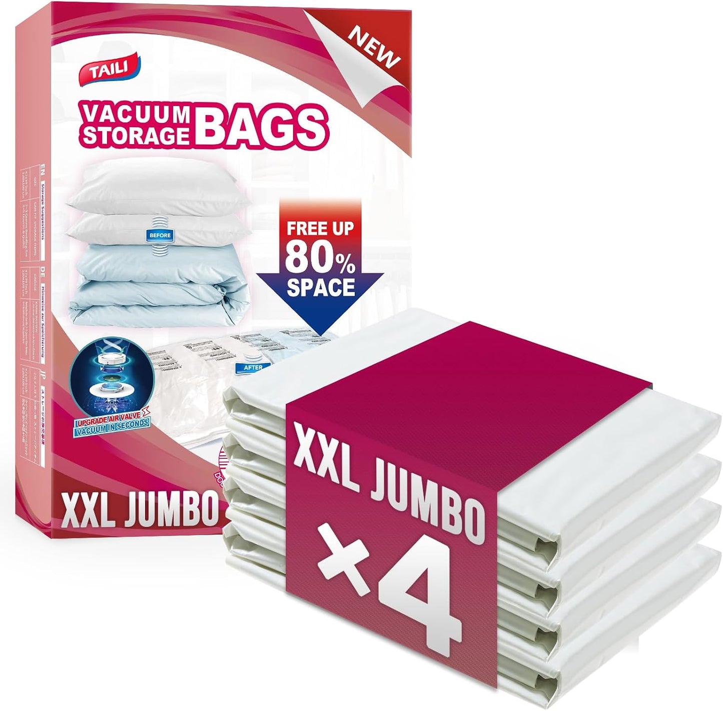 TAILI 8 Pack Vacuum Storage Bags, Jumbo Size (31×40 inch), Vacuum Seal Bags for Clothing, Bulky Bedding, Comforter, Blankets, Pillows, Space Saver Packing