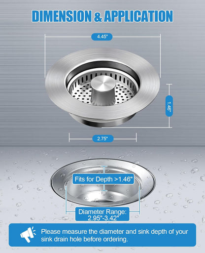 Kitchen Sink Drain Strainer Stainless Steel Stopper Anti-Clog Basket | 3-in-1 design, pop-up button for easy use, all metal heavy duty, anti-clogging