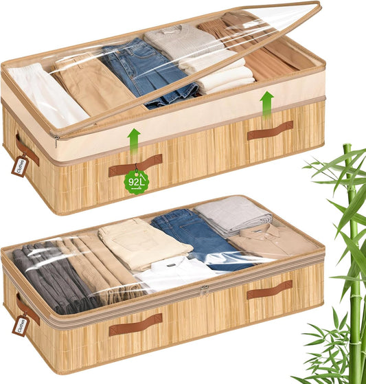 Livole 2 Pack Bamboo Under Bed Storage Containers with Wheels | Breathable Bamboo, Invisible Wheels, 6 inches Height, 56L Large Capacity, Easy Setup, Handles, Clear Lid