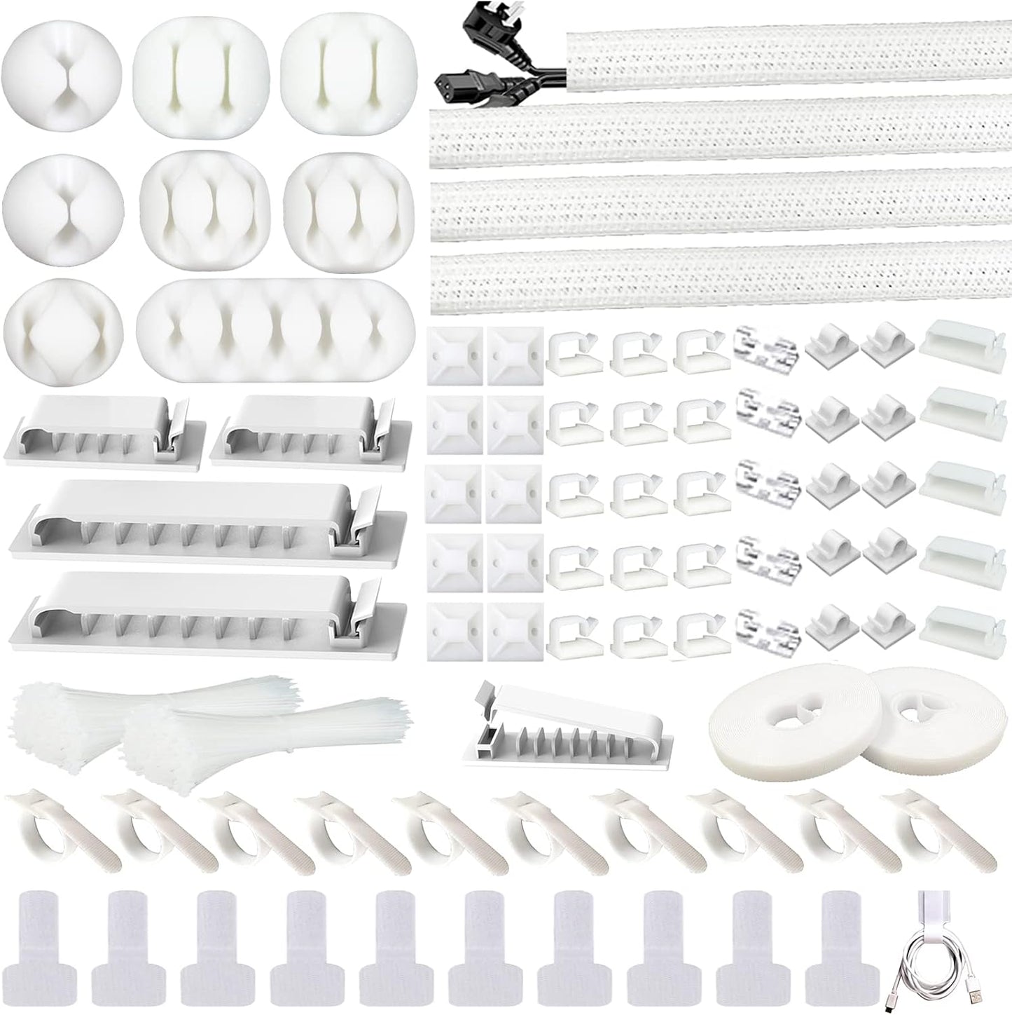 White Cable Management Organizer Kit 4 Cable Sleeve Split 311Pcs | 47Cable Clips 12Cord Clips Holder,22 Cable Ties, 20 adhesive Wall cable Tie, 200Fasten Cable Ties for TV Electronics