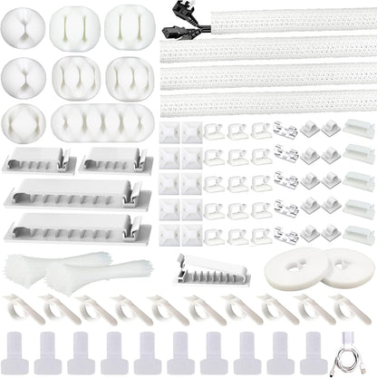 White Cable Management Organizer Kit 4 Cable Sleeve Split 311Pcs | 47Cable Clips 12Cord Clips Holder,22 Cable Ties, 20 adhesive Wall cable Tie, 200Fasten Cable Ties for TV Electronics