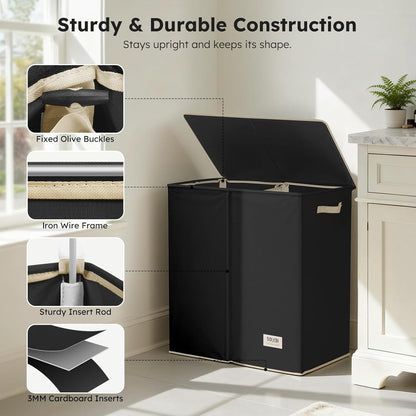 SOLEDI Luxury Double Laundry Hamper with Lid and Removable Bags, 38.3 Gal Large Laundry Bin, Laundry Basket 2 Sections, Collapsible Clothes Hamper for Bedroom, Laundry Room, Bathroom, Off-white