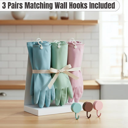 IMARU 3 Pairs Dishwashing Gloves with Hanging Hooks - Reusable Rubber Cleaning Gloves for Household & Kitchen & Gardening, Non-Slip & Waterproof & Durable (Medium)
