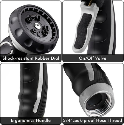 RESTMO Hose Nozzle with Easy Self-Lock Trigger, Heavy Duty Metal Water Hose Sprayer with 9 Spray Patterns and On/Off Valve, Ideal for Outdoor Lawn & Garden Watering, Car & Pet Washing