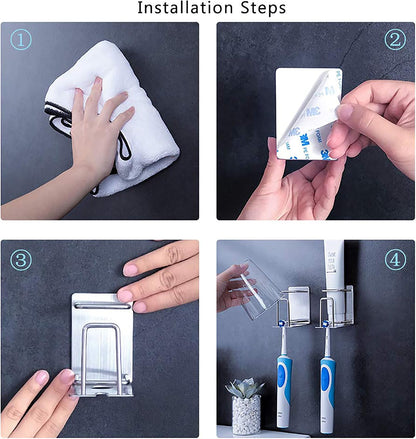 HANZE 2 Pack Toothbrush Holder 304 Stainless Steel Adhesive Wall Mounted 3 in 1 with Toothbrush Holder Toothpaste Holder and Cup Holder for Bathroom Shower