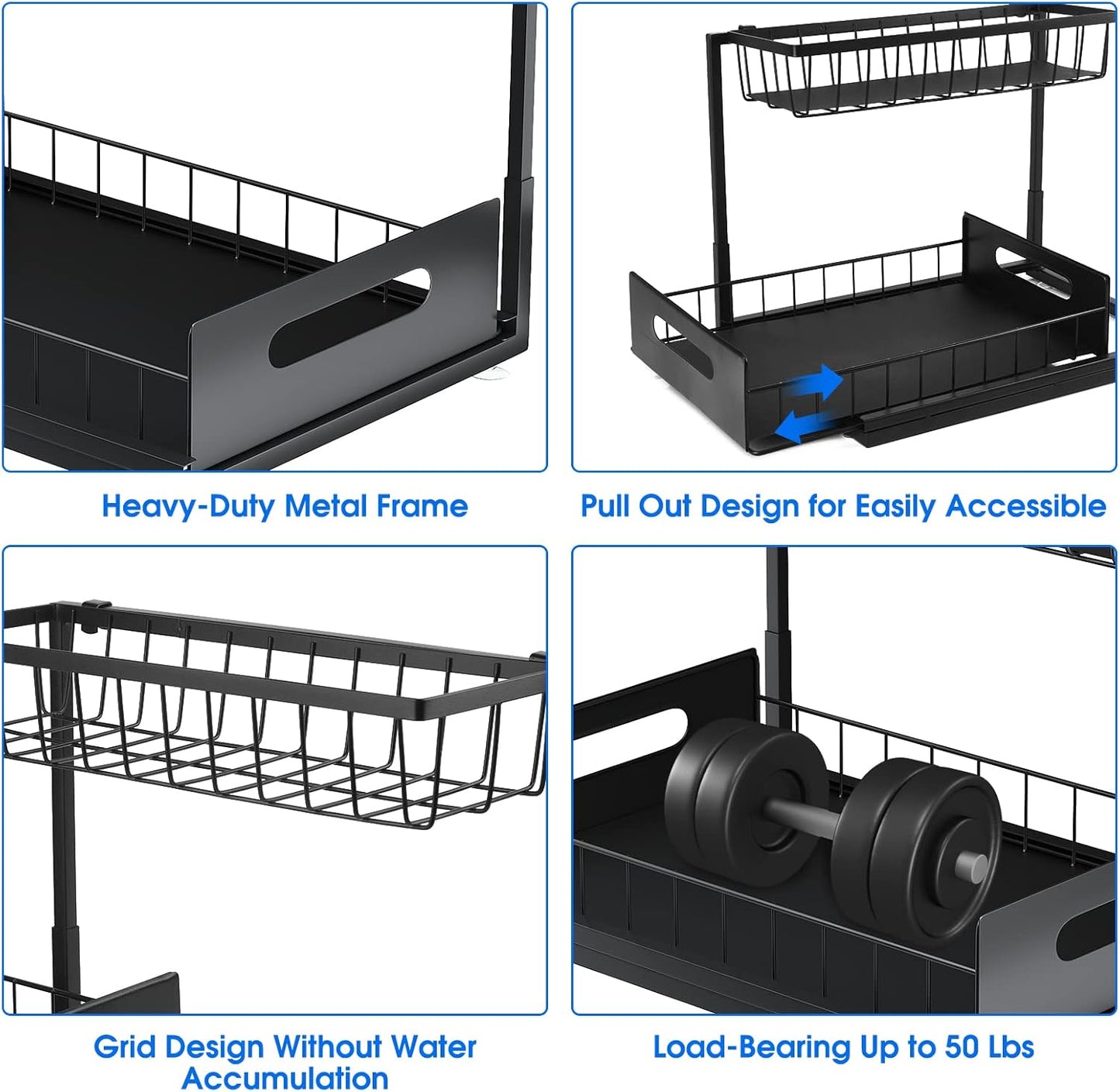 Under Sink Organizer, 2 Tier Pull-Out Cabinet Storage Shelf, Rust-Resistant Metal Organizer for Kitchen Bathroom Laundry Room, No Tools Installation, 1 Pack Black
