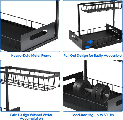 Under Sink Organizer, 2 Tier Pull-Out Cabinet Storage Shelf, Rust-Resistant Metal Organizer for Kitchen Bathroom Laundry Room, No Tools Installation, 1 Pack Black