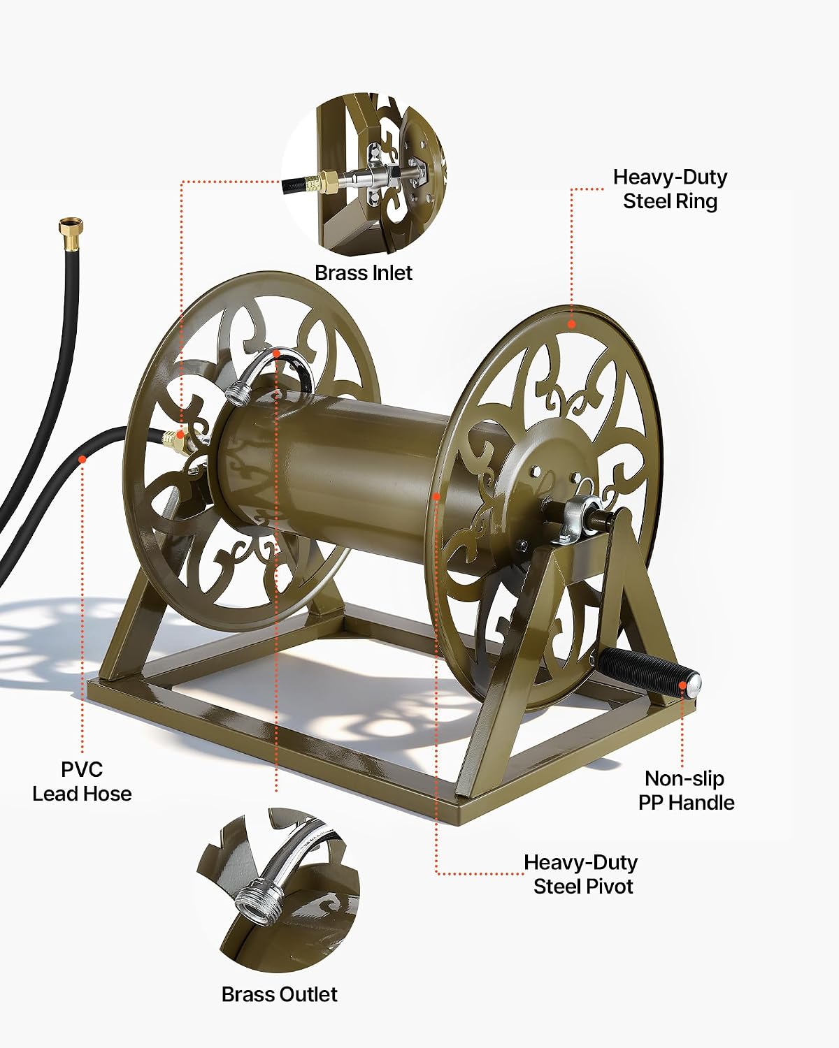 VEVOR Wall Mounted Garden Hose Reel, Holds 125 ft 5/8-inch Hose, Heavy-Duty Water Hose Winder, Space-Saving Design, Outdoor Manual Reel with Brass Fitting and Storage Basket for Yard Lawn