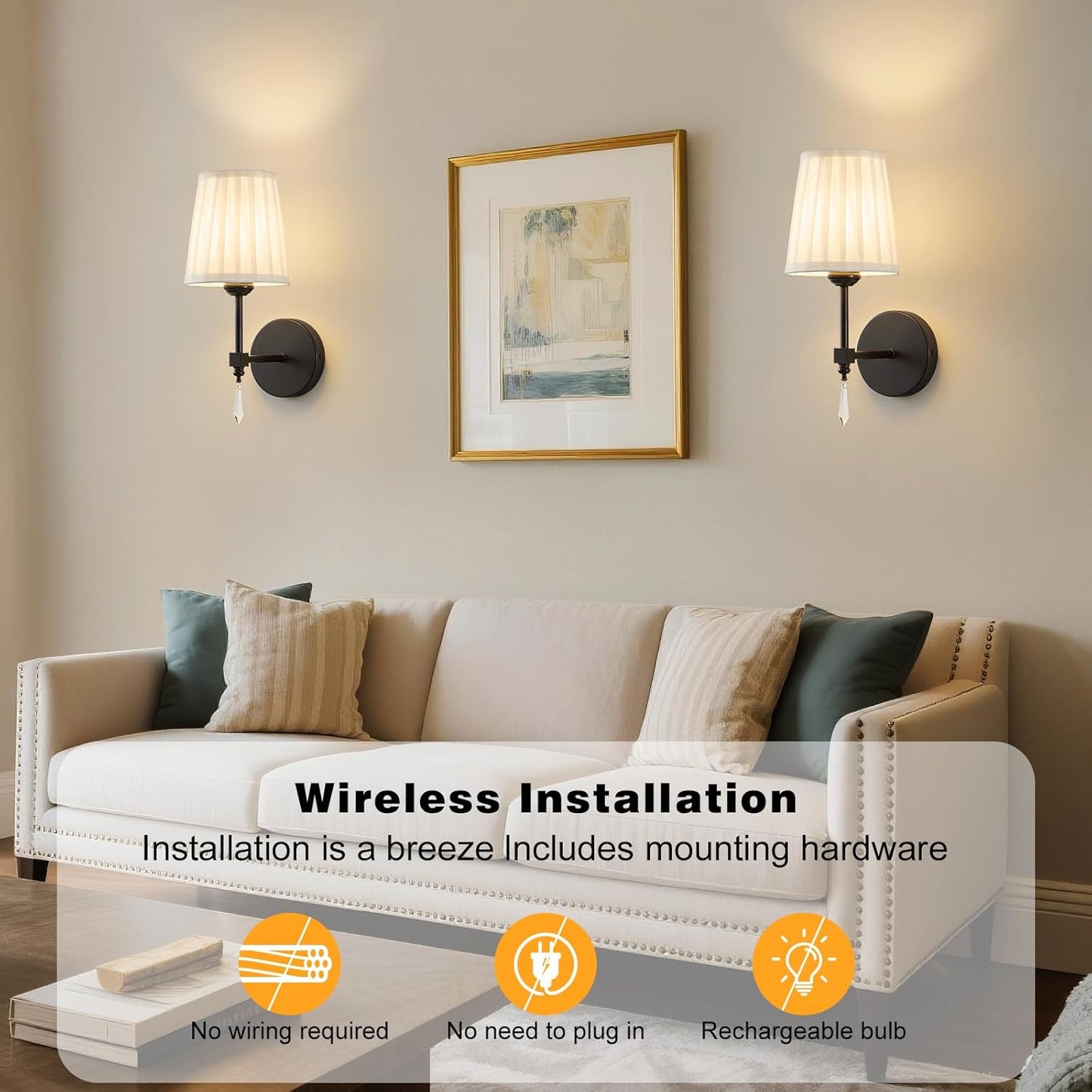 Battery Operated Wall Sconce Set of 2, 10000 Mah Rechargeable Wall Sconces Dimmable 12 RGBS,Remote Wireless Sconces,Gold Sconces Wall Decor Set of 2 Fabric,Cordless Wall Lamp for Bedroom,Living Room