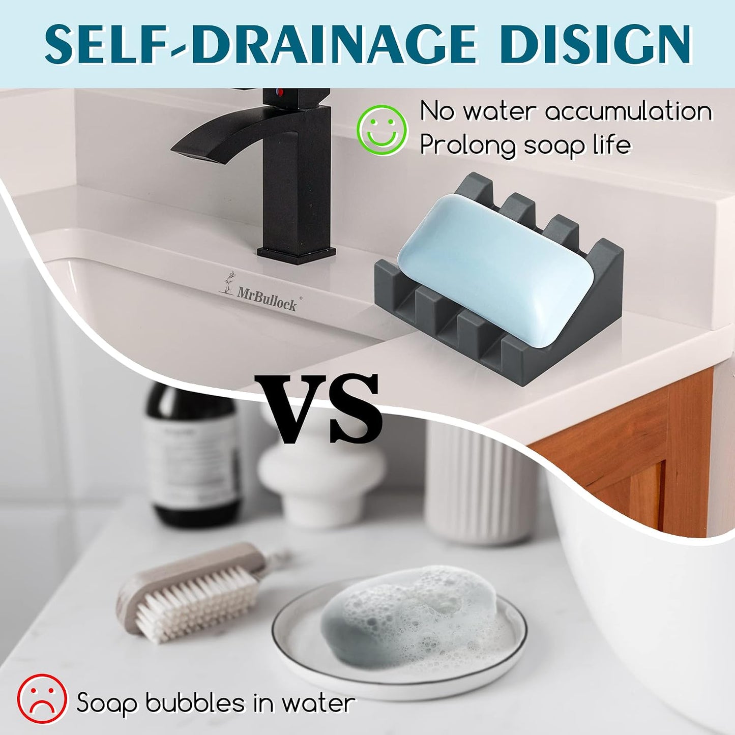 Self Draining Silicone Soap Dish with Suction Cups - Non-Slip Bar Soap Holder for Shower & Kitchen, Waterfall Tray Keeps Soap Dry, Easy Clean, Extends Soap Life (White, 1)