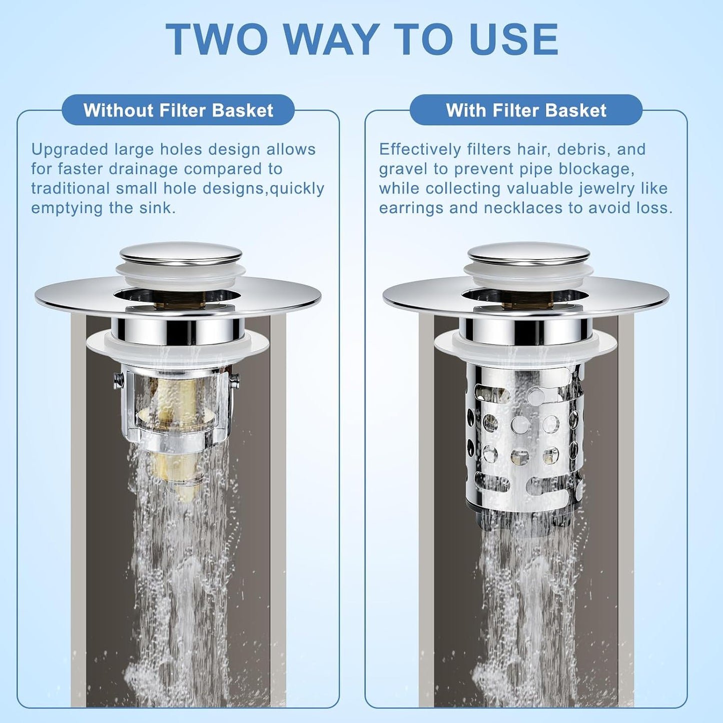 Upgraded 3 in 1 Bathroom Sink Drain Strainer, Universal Pop Up Stopper with Removable Stainless Steel Filter Basket Hair Catcher, Sink Plug for 1.1''~2.36'' Basin, Brushed Nickel Finish (2PC)
