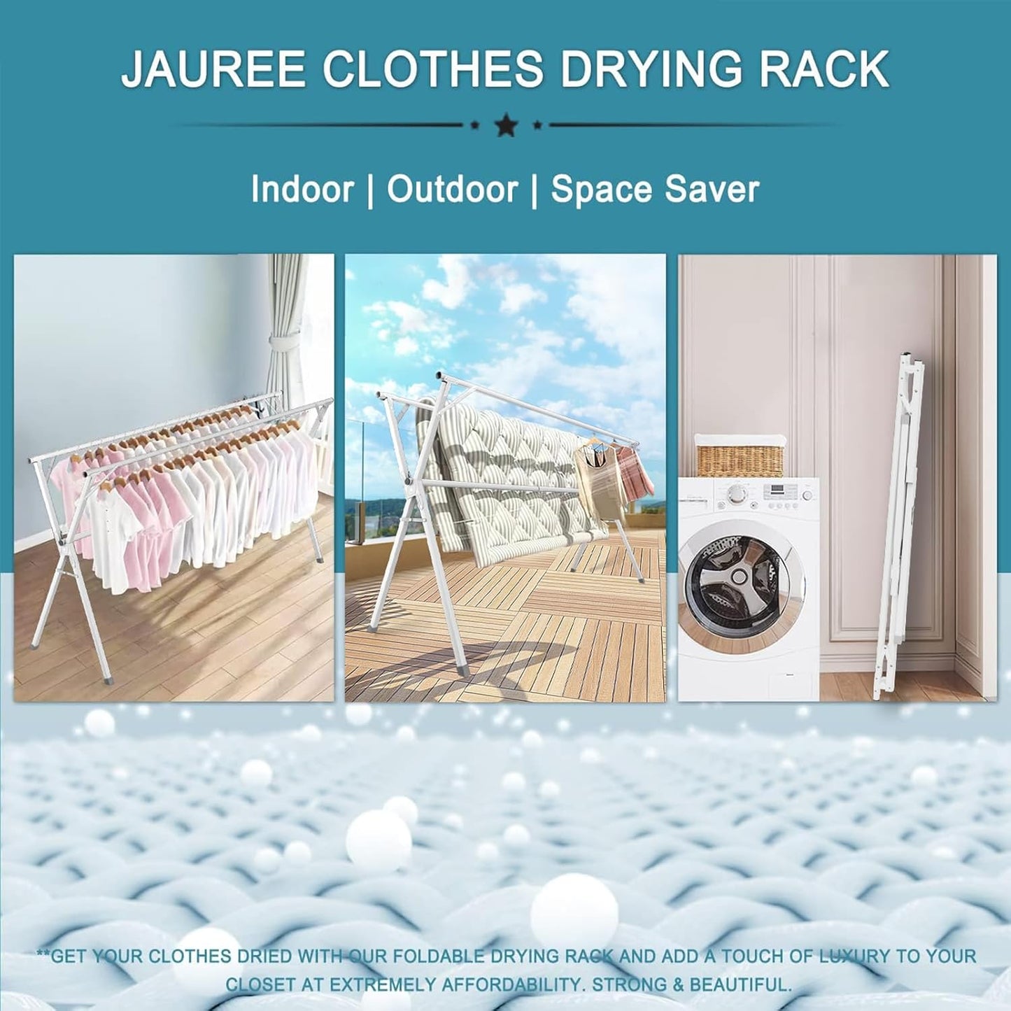 JAUREE 95 Inches Clothes Drying Rack, Drying Rack Clothing Folding Indoor Outdoor, Heavy Duty Stainless Steel Laundry Rack, Foldable Portable Large Clothes Rack Garment Rack with 20 Windproof Hooks