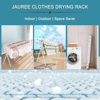 JAUREE 95 Inches Clothes Drying Rack, Drying Rack Clothing Folding Indoor Outdoor, Heavy Duty Stainless Steel Laundry Rack, Foldable Portable Large Clothes Rack Garment Rack with 20 Windproof Hooks