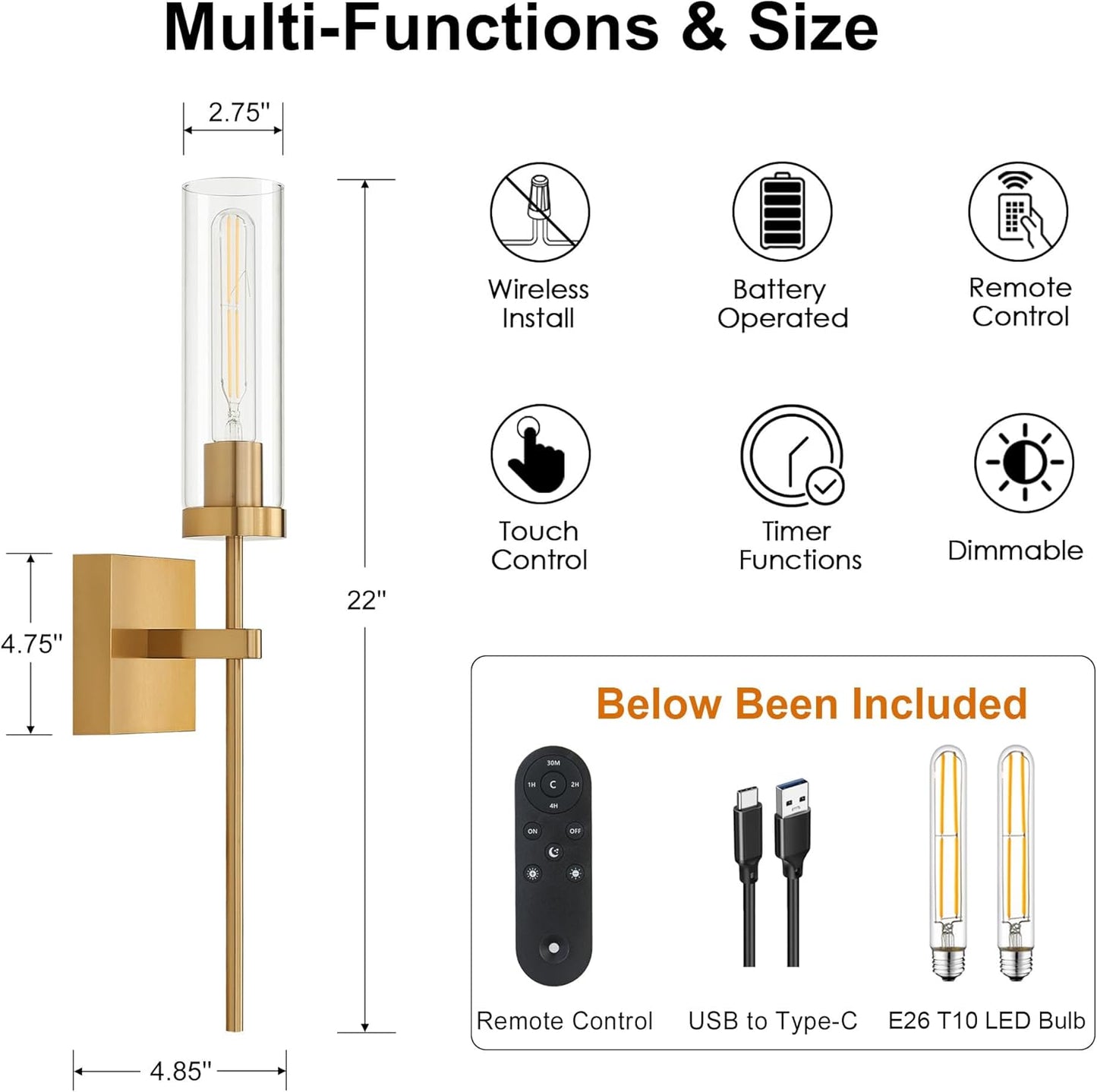 Wireless Wall Sconces with Remote Control, Battery Operated Wall Sconce Set of 2, Black & Gold Rechargeable Dimmable Wall Light for Bedroom Living room Bathroom Hallway Entryway Stairwell, 3000K