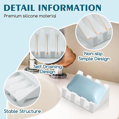 Self Draining Silicone Soap Dish Holder Waterfall Tray, 2 Pack Black | Waterfall design drains fast to keep soap dry, non-slip silicone base anti slide, soap saver for bathroom & kitchen
