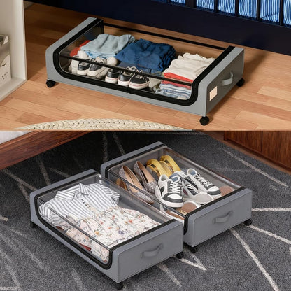 Under Bed Storage with Wheels, 2-Pack Under the Bed Storage Containers with Clear Lids & Label, Underbed Storage Bins, XXXL 85L 11 inches Rolling Metal Drawer for Clothes, Shoes, Toys, Books - Gray