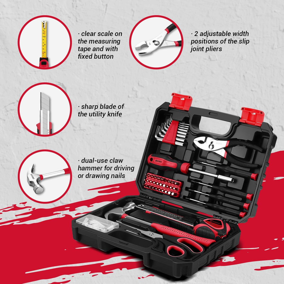 DEKOPRO General Household Hand Tool Kit with Plastic Toolbox Storage Case, All Purpose Home Tool Kit Includes Essential Tools for Office College Repairs, 50 Piece