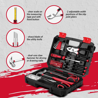 DEKOPRO General Household Hand Tool Kit with Plastic Toolbox Storage Case, All Purpose Home Tool Kit Includes Essential Tools for Office College Repairs, 50 Piece
