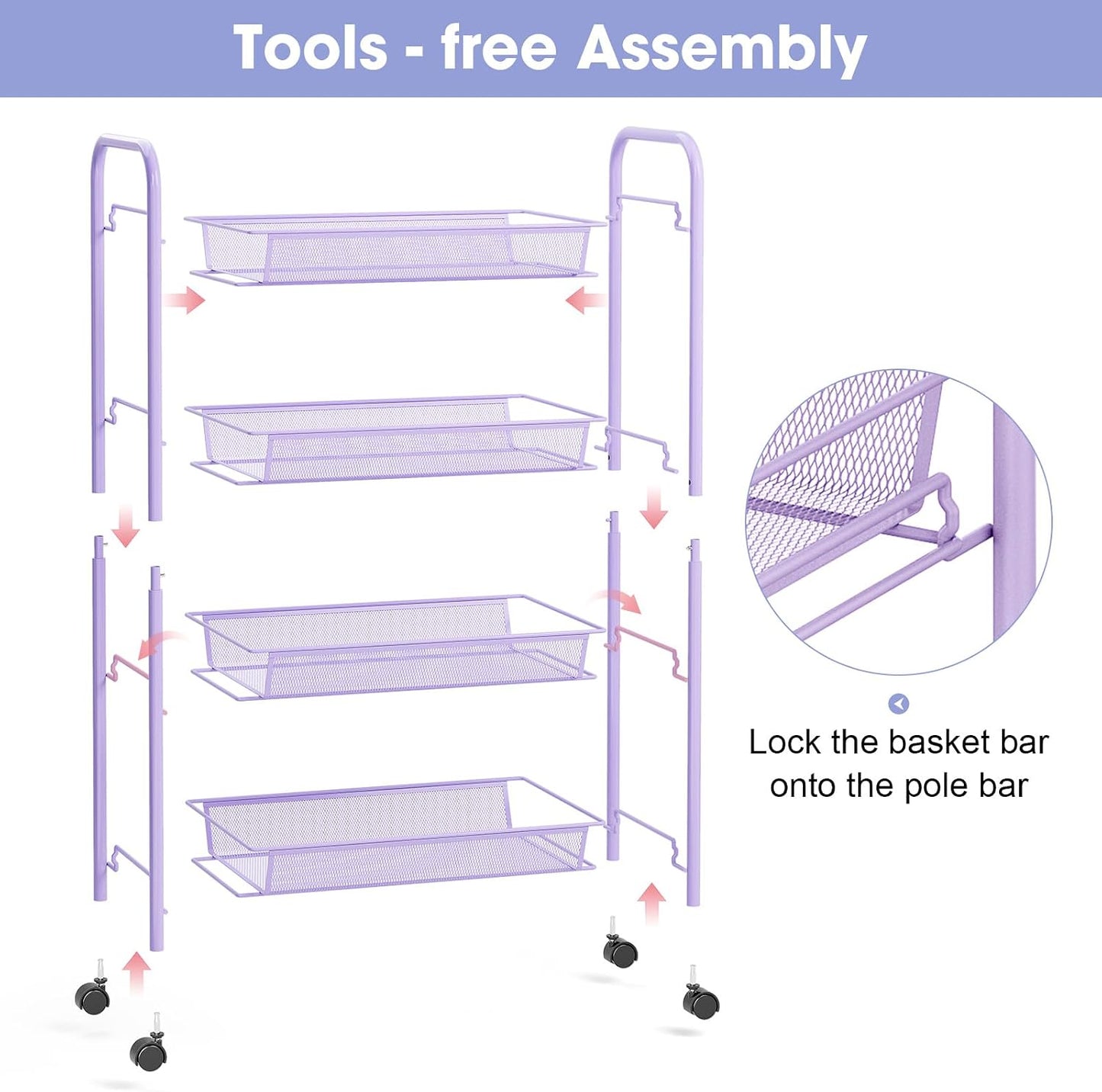 TOOLF 3-Tier Metal Rolling Cart, Mesh Wire Easy Assemble Utility Cart, Storage Trolley on Wheels with 3 Hooks, MetalStorage Shelving Units for Kitchen Bathroom Laundry Room