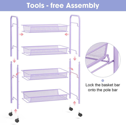 TOOLF 3-Tier Metal Rolling Cart, Mesh Wire Easy Assemble Utility Cart, Storage Trolley on Wheels with 3 Hooks, MetalStorage Shelving Units for Kitchen Bathroom Laundry Room