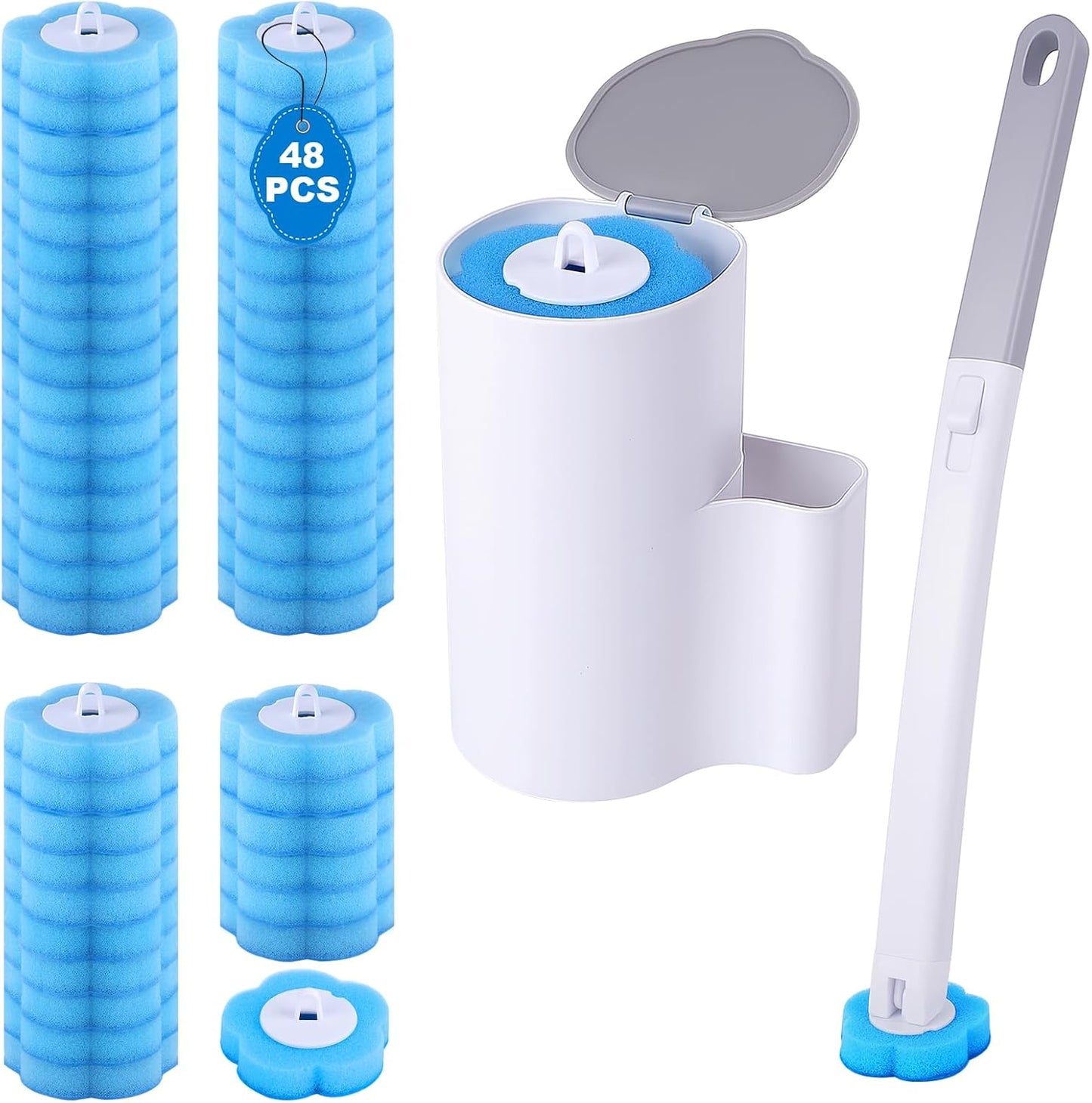wlich Disposable Toilet Brush with 48 Refills, Bowl Toilet Brush with Wall Mounted Holder, Toilet Bowl Brush Set with Wand and Storage Box for Bathroom Cleaning
