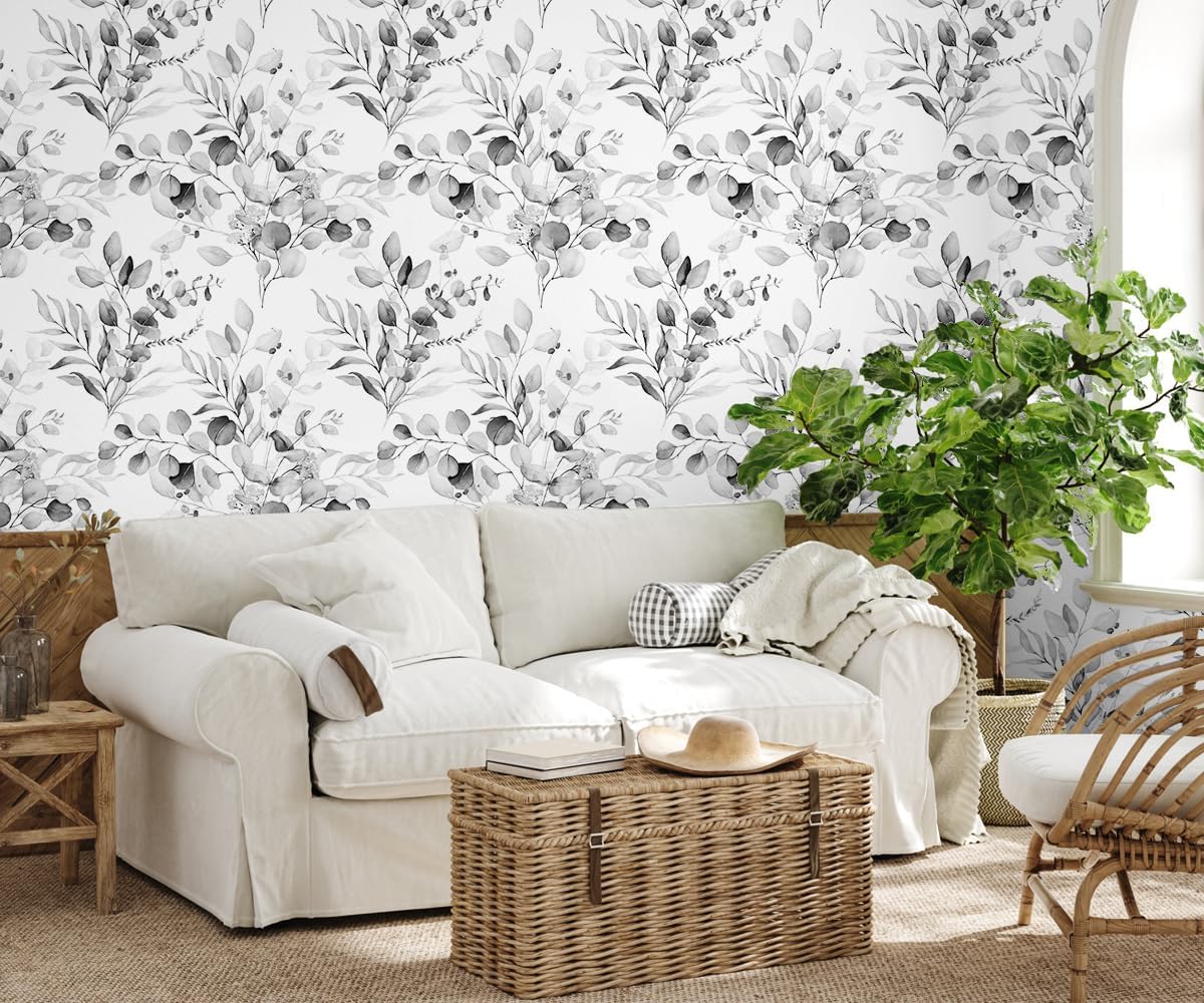HAOKHOME Peel and Stick Wallpaper Boho Green/White Botanical Leaf Floral Wall Mural Home Nursery Decor Renter Friendly Wallpaper 17.3in x 9.8ft