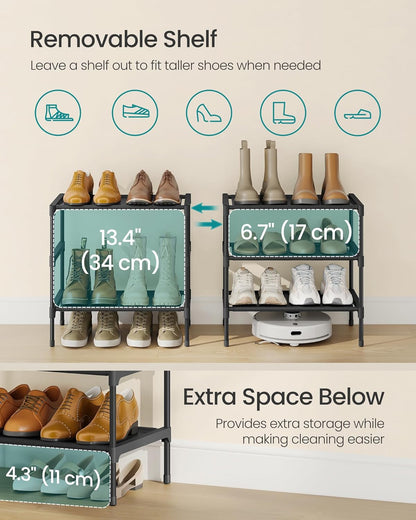 SONGMICS Shoe Rack, 2-Tier Shoe Storage Organizer, Space-Saving, 11.7 x 16.5 x 12.2 Inches, Entryway, Metal Frame, Non-Woven Fabric Shelves, Ink Black ULSH012BH01