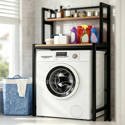 Laundry Room Space Saver Shelf, Over The Washer Dryer 2-Tier Storage Rack with Wood Top, Heavy-Duty Metal Frame Washing Machine Organizer Stand, Organization Unit for Bathroom, Balcony, Utility(Black)