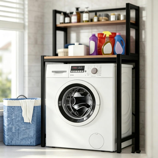 Laundry Room Space Saver Shelf, Over The Washer Dryer 2-Tier Storage Rack with Wood Top, Heavy-Duty Metal Frame Washing Machine Organizer Stand, Organization Unit for Bathroom, Balcony, Utility(Black)