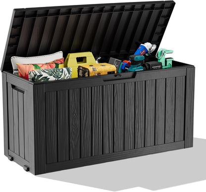 ROJIK 340 Gallon Deck Box Outdoor Waterproof,Weatherproof Outdoor Storage Boxes Lockable with Lid,Outside Resin Storage Bench for Patio Cushions,Garden Tools and Pool Accessories(Black)