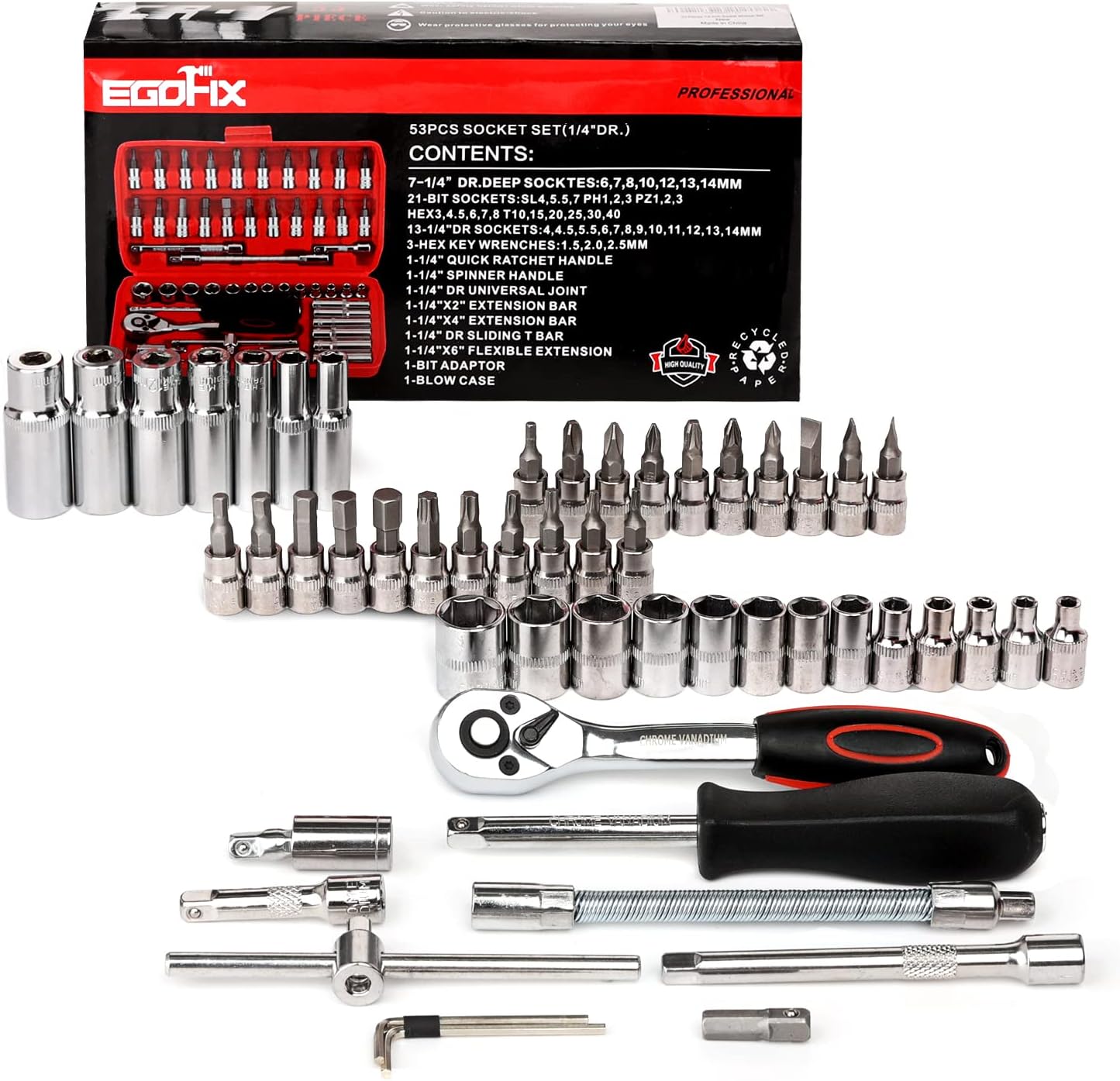 Egofine 46 Pieces 1/4 inch Drive Socket Ratchet Wrench Set, with Bit Socket Set Metric and Extension Bar for Auto Repairing and Household, with Storage Case