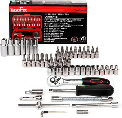 Egofine 46 Pieces 1/4 inch Drive Socket Ratchet Wrench Set, with Bit Socket Set Metric and Extension Bar for Auto Repairing and Household, with Storage Case