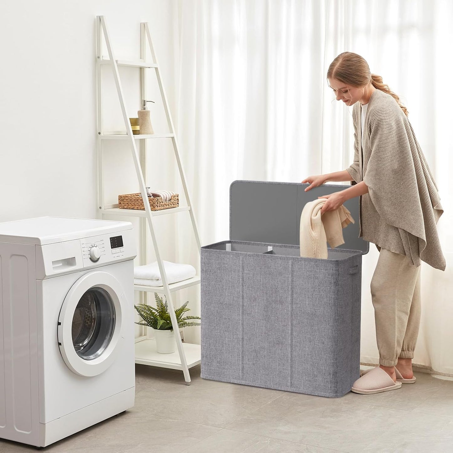 Lifewit Double Laundry Hamper with Lid and Removable Laundry Bags, Large Collapsible 2 Dividers Dirty Clothes Basket with Handles for Bedroom Laundry Room Closet Bathroom College, 136L Beige