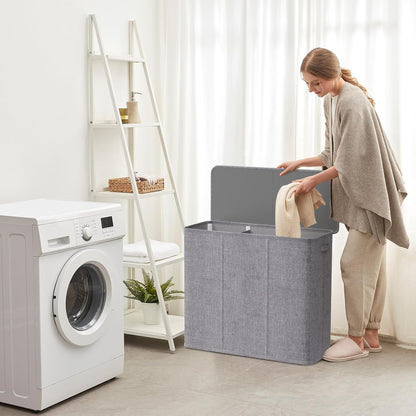 Lifewit Double Laundry Hamper with Lid and Removable Laundry Bags, Large Collapsible 2 Dividers Dirty Clothes Basket with Handles for Bedroom Laundry Room Closet Bathroom College, 136L Beige