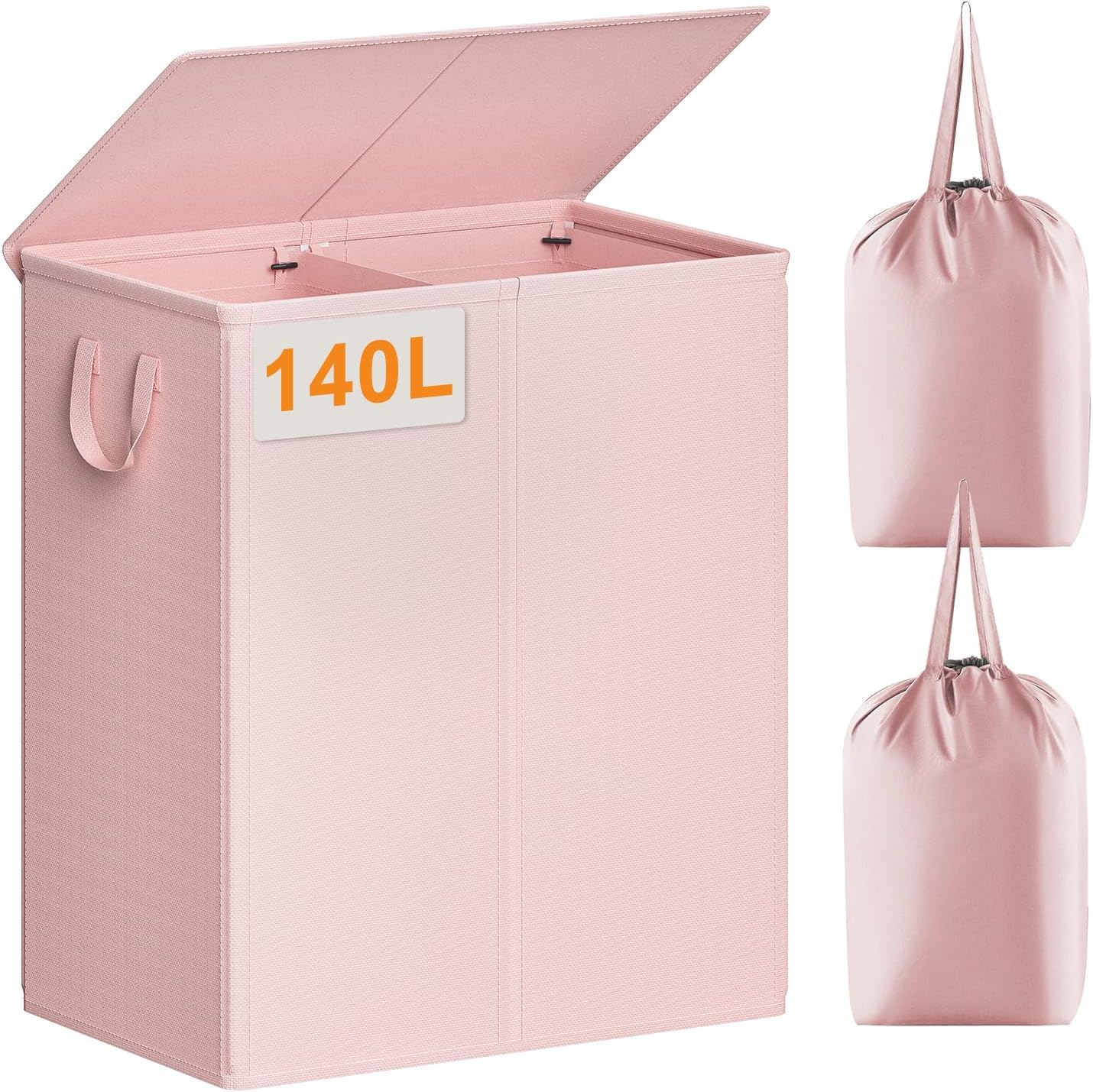 Chrislley 140L Laundry Hamper 2 Section, Double Laundry Basket with Lid, Large Dirty Clothes Hamper with Removable Liner Bags, Collapsible Laundry Organizer for Bedroom, Dorm,Beige