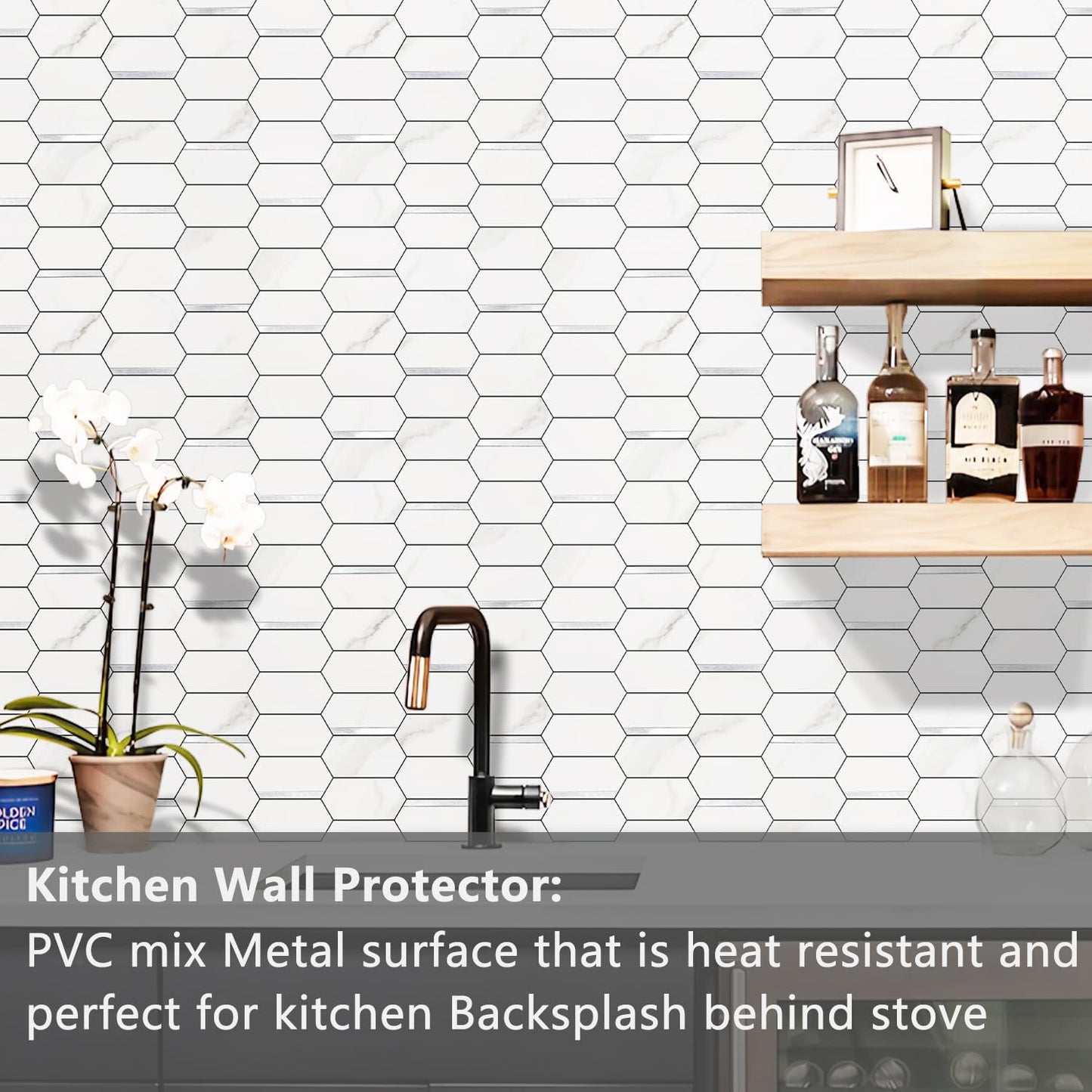 Vamos Tile Long Hexagon Peel and Stick Backsplash Tile - 10 Sheets Stick on Backsplash for Kitchen and Bathroom 12.4 x 12 Inch Glossy Wood Grain PVC Self Adhesive Mosaic Wall Tiles