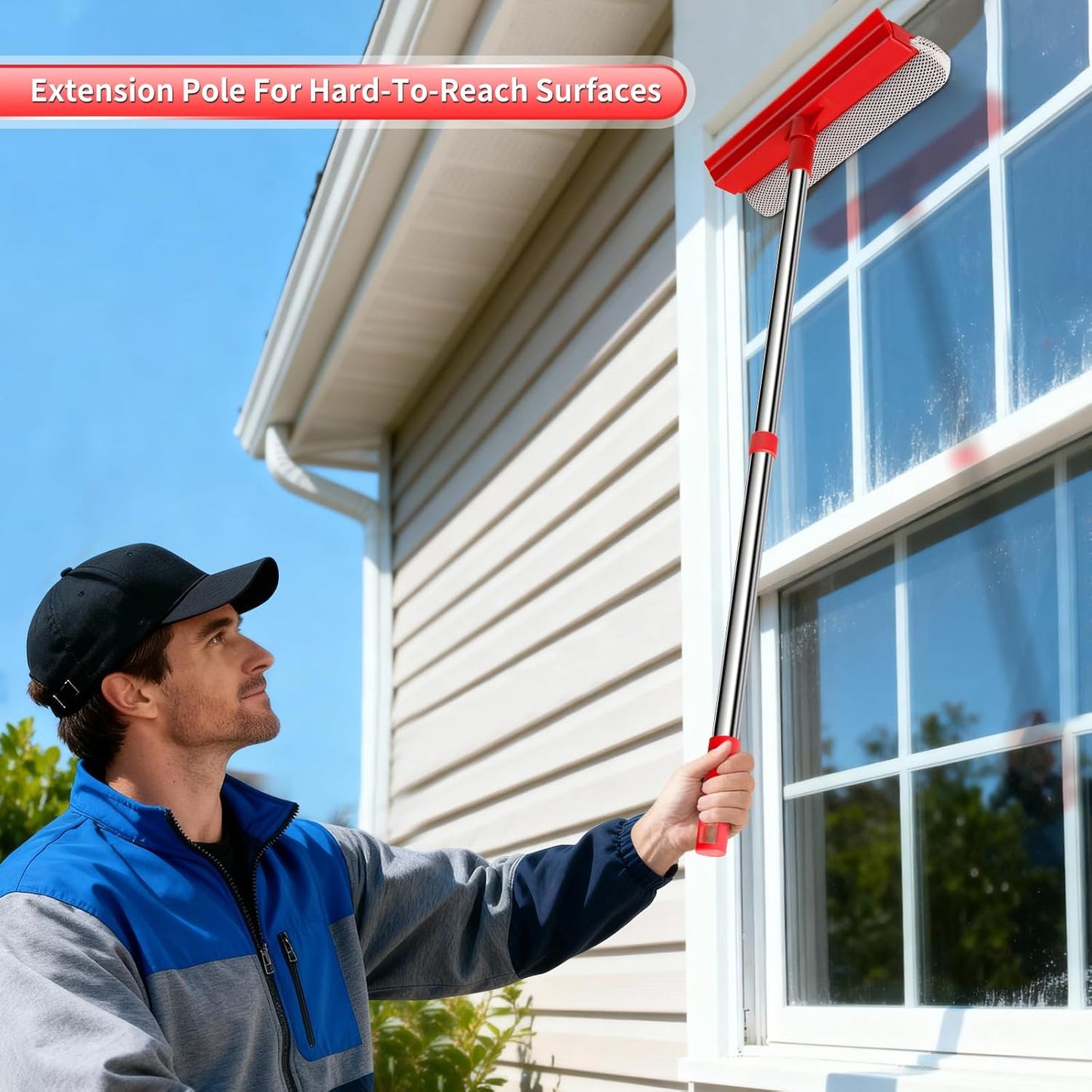 Window Squeegee with 18.5"-28.5" Retractable Handle, 2-in-1 Squeegee for Window Cleaning Tool for Cars, Trucks, Glass Doors, Shower, Outdoor Windows – Window Cleaner (Red)