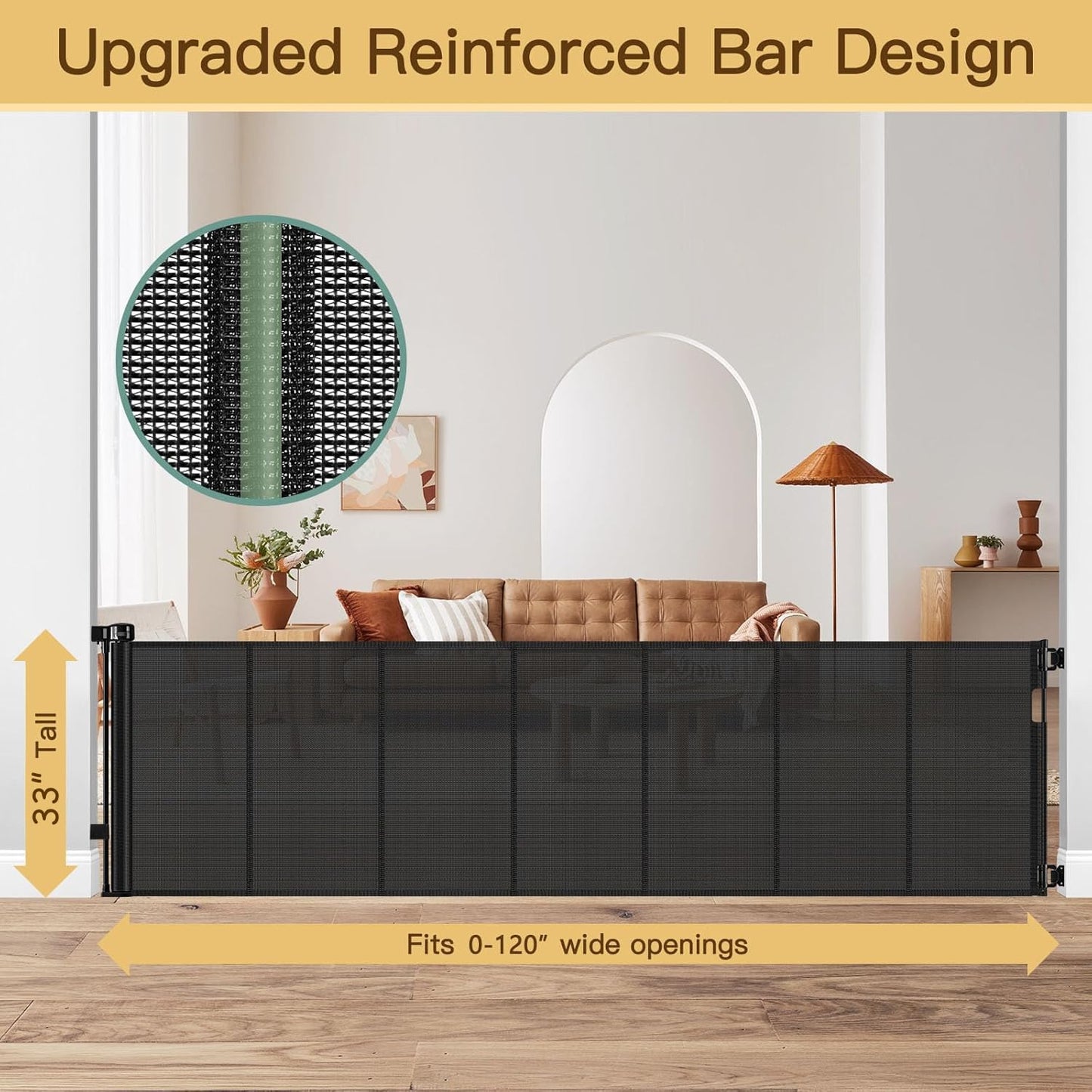 Reinforced 55" Wide Retractable Baby Gates with Reinforced Strips, Indoor/Outdoor Retractable Dog Gate for Doorway Prevent Bottom Drilling Through, No Bottom Bar Safety Mesh Baby Gate for Stair, Black