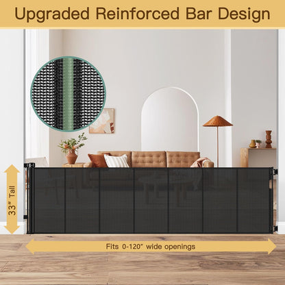 Reinforced 55" Wide Retractable Baby Gates with Reinforced Strips, Indoor/Outdoor Retractable Dog Gate for Doorway Prevent Bottom Drilling Through, No Bottom Bar Safety Mesh Baby Gate for Stair, Black
