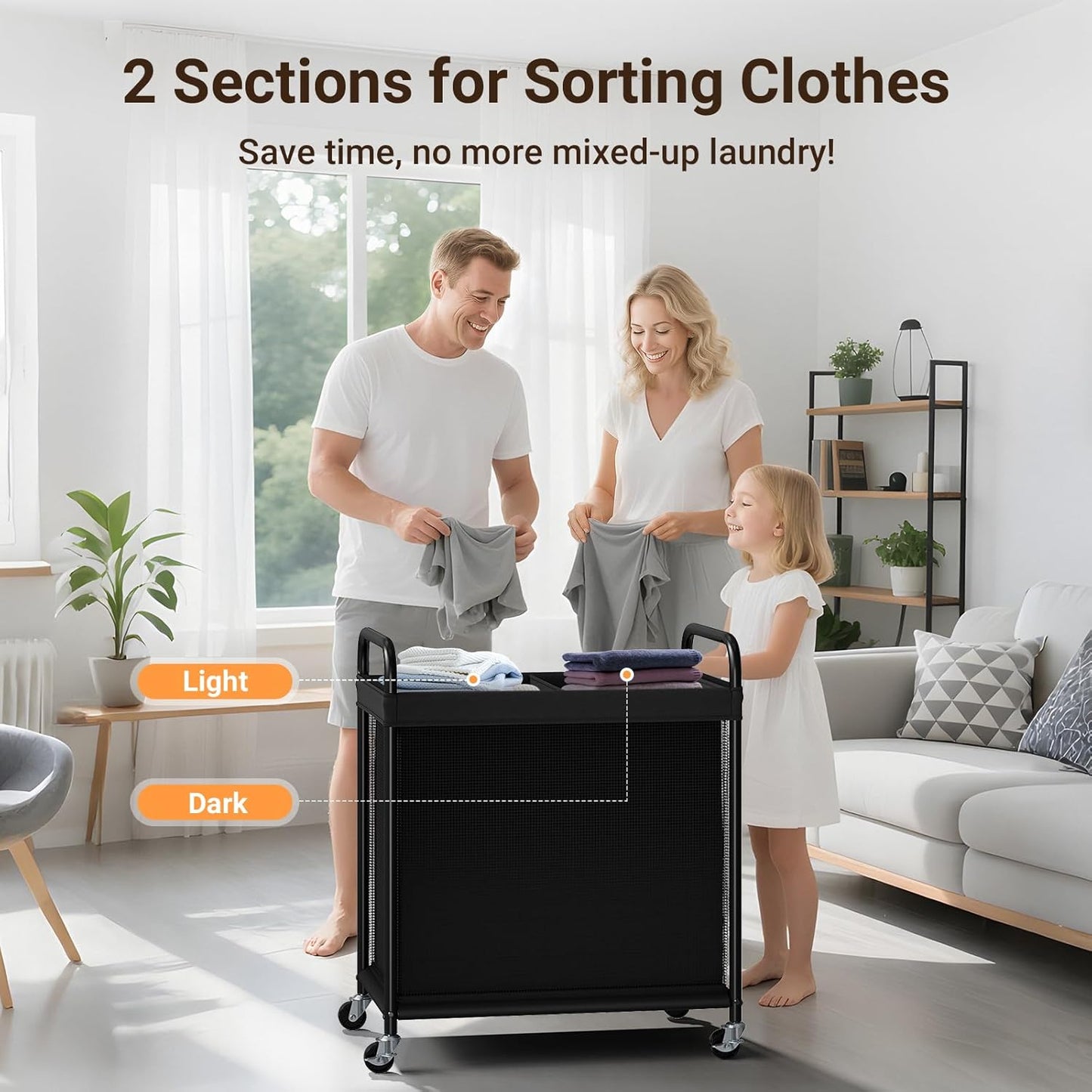 ELYKEN Laundry Hamper 3 Section, 120L Rolling Laundry Sorter with Removable Liner Bag, Laundry Basket with Wheels, Steel Frame with Metal Handle, Clothes Hamper Cart for Laundry Room & Bedroom