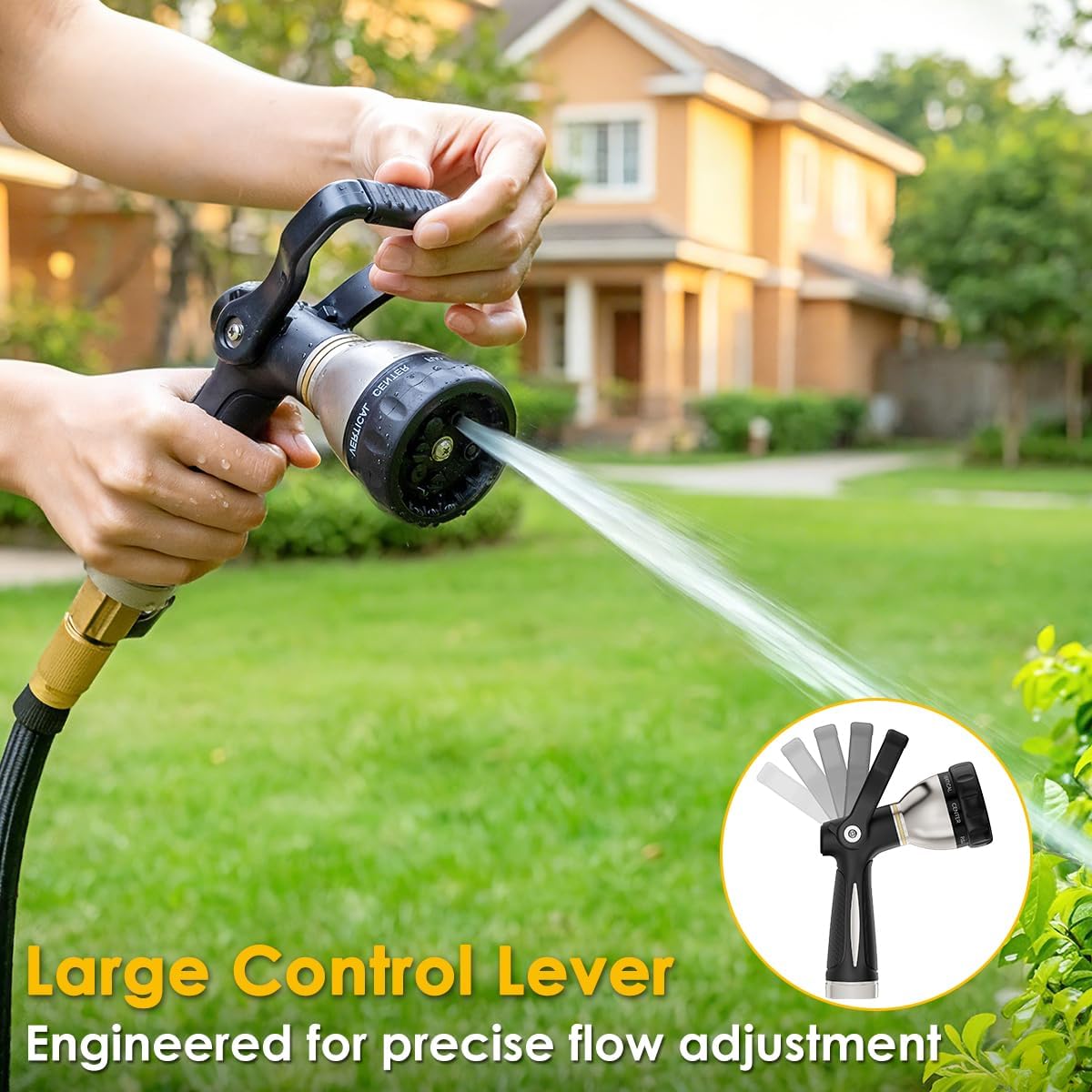 FANHAO Heavy Duty Fireman's Hose Nozzle, Metal Water Nozzle with 8 Spray Patterns, High Pressure Garden Hose Sprayer with Lever Control and Non-Slip Grip to Water Plants & Lawns, Wash Cars & Clean