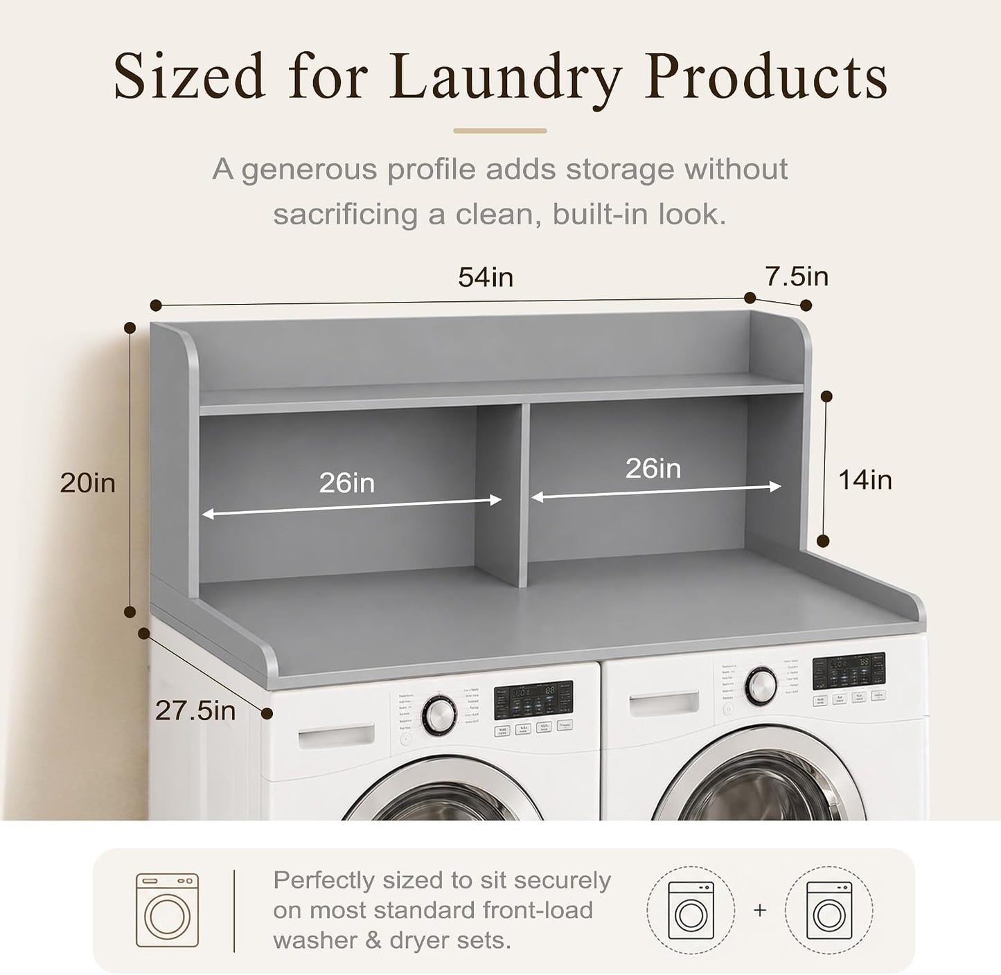 Royxen Laundry Countertop with 20" Shelf Universal Fit, Washer and Dryer Countertop with Storage Space, Laundry Room Storage (Walnut)