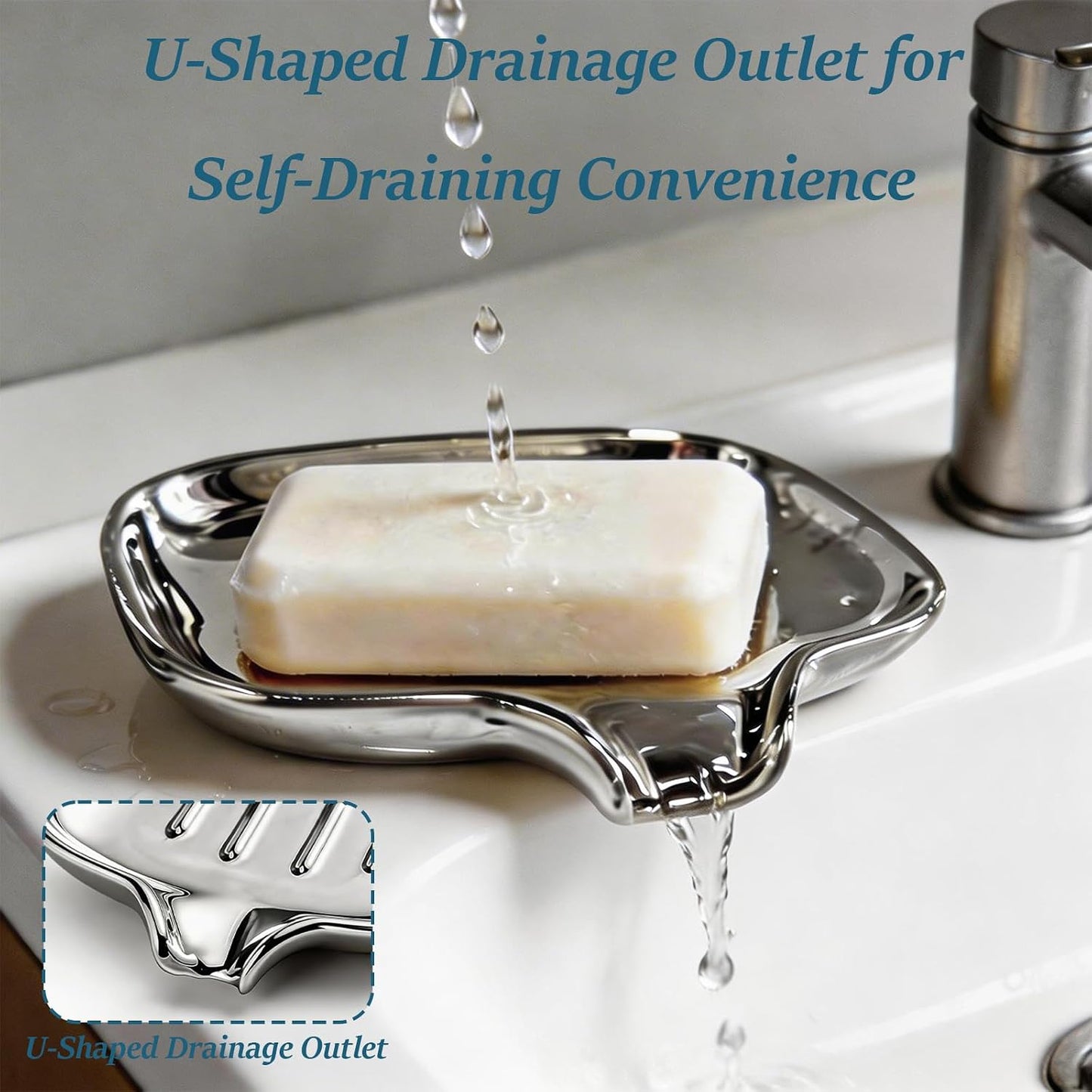 Polished Silver Soap Dish | Self-Draining Bar Soap Holder with U-Shaped Drainage, Decorative Soap Tray for Bathroom Shower & Kitchen Sink