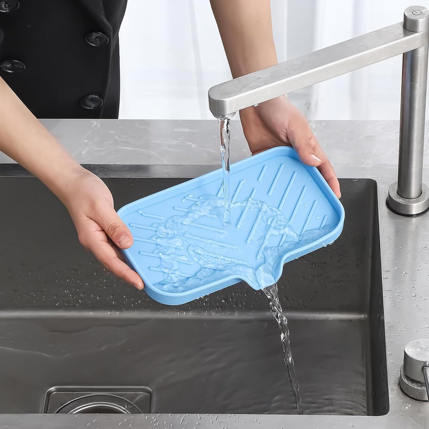 MicoYang Silicone Bathroom Soap Dishes with Drain Spout-Bathroom and Kitchen Sink Organizer,Sponge Holder,Dish Soap Tray,Perfect for Dispenser,Scrubber,Bottle,Cup on Sink or Counter-Coffee 4.9"×3.2"