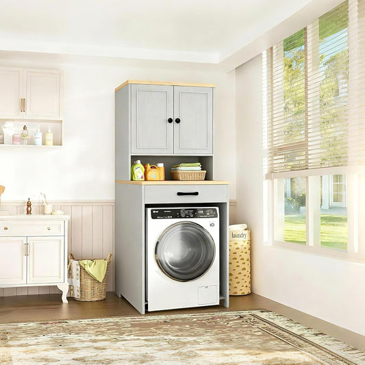 Over the Washer and Dryer Storage Cabinet, Laundry Room Organizer with Adjustable Shelf, Space Saver for Compact Machines (Max 26" W x 35" H), Waterproof E1 MDF, (White)